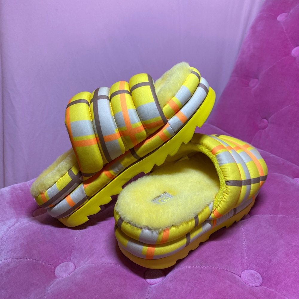 UGG New Yellow Plaid Fuzzy Platform Slides